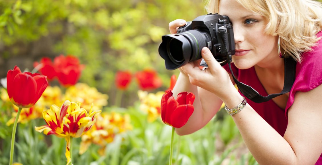 Woman photographing red tulips at close range with camera