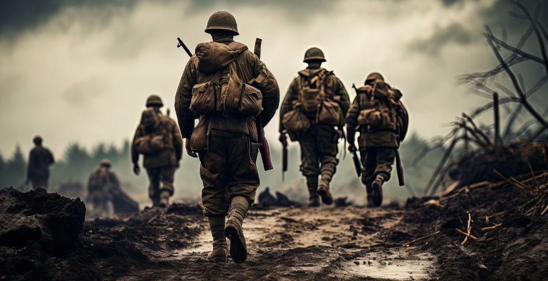 Soldiers on the battlefield in world war II. Generative AI.